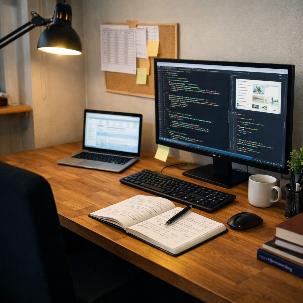 Programmer taking notes while coding on a computer with two screens